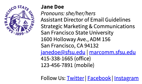 Signature example with mailing address, links, and SFSU logo