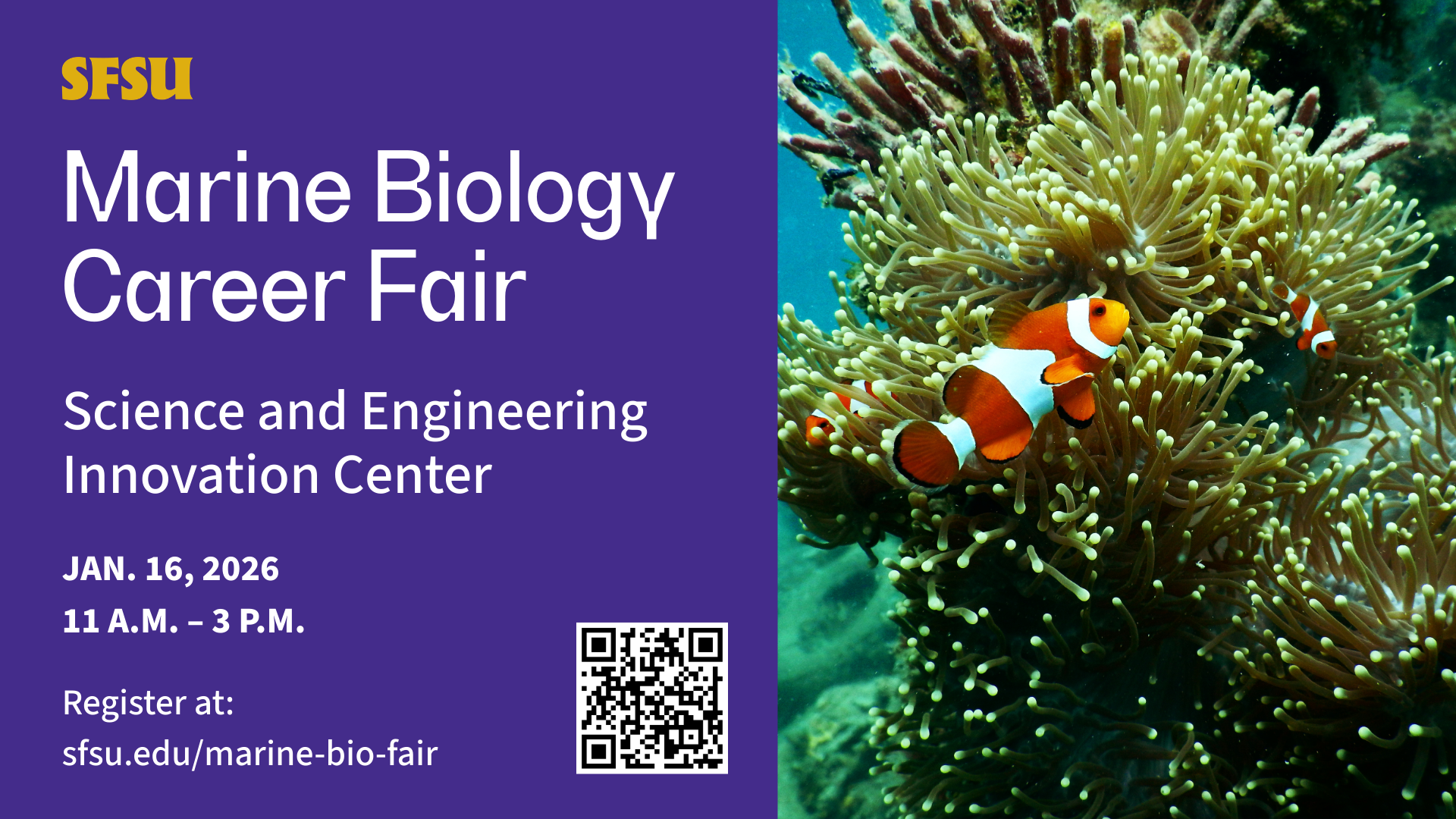 Digital display featuring event title, location, time, and QR code URL formatted according to brand guidelines.