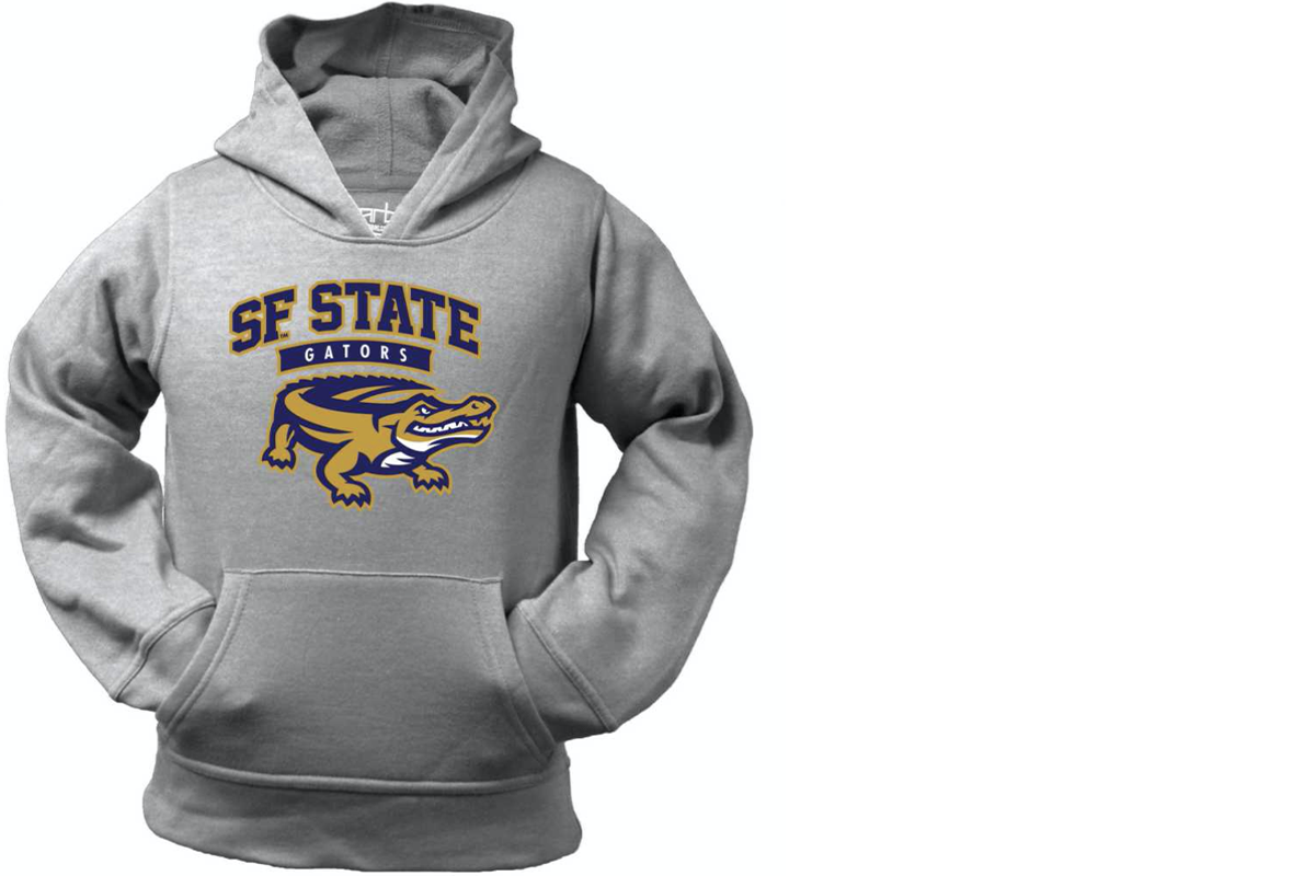 rendering of a gray hooded sweater with SF State branding marks