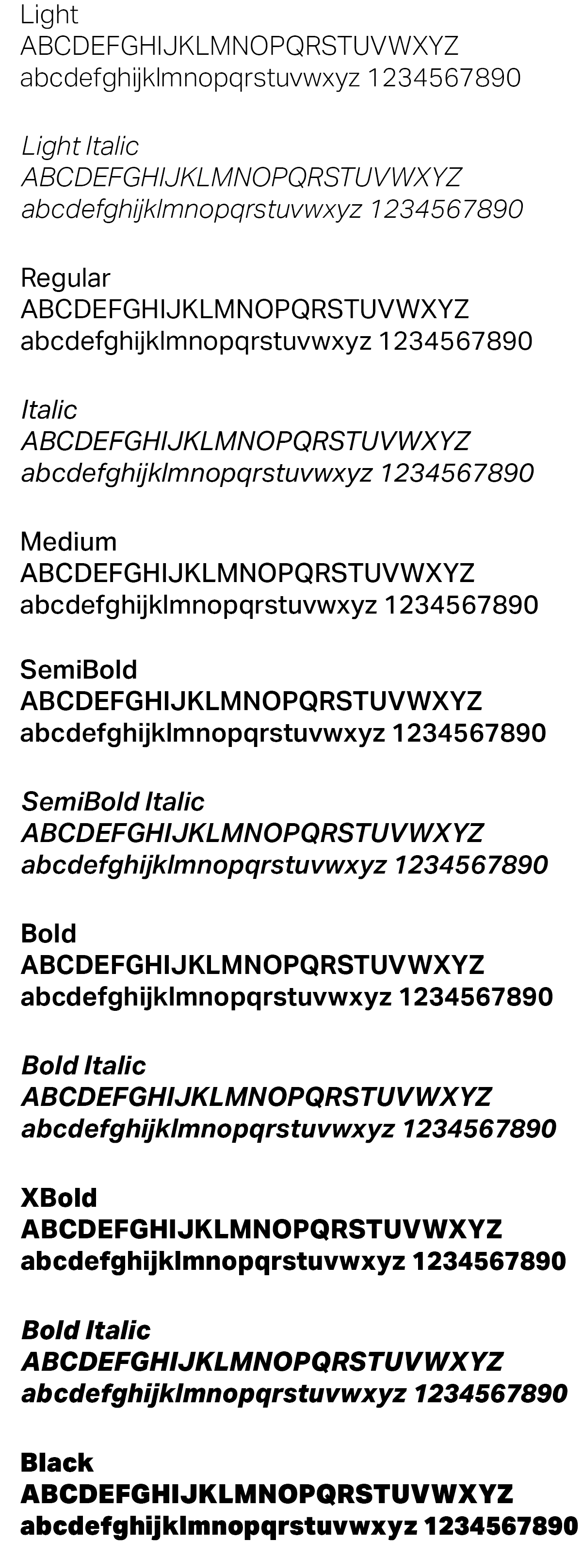 render of aktiv grotesk font listing the alphabet and numeric characters, in regular, italic, bold, bold italic